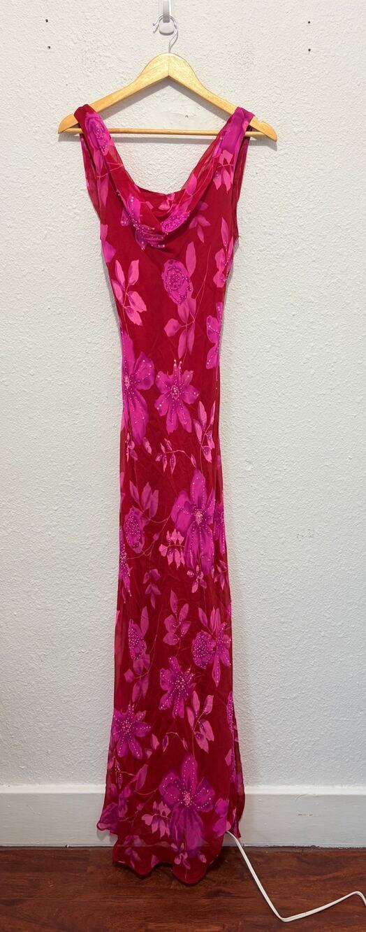 y2k silk beaded fairy dress floral glam vintage 90s feminine prom cowl neck boho
